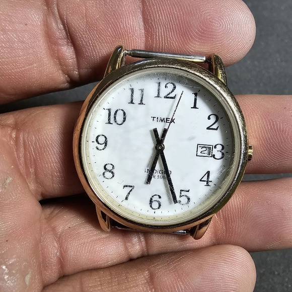 Timex Indiglo Date Just Mens Quartz Watch Gold Tone White Dial Working No Strap - Picture 1 of 6